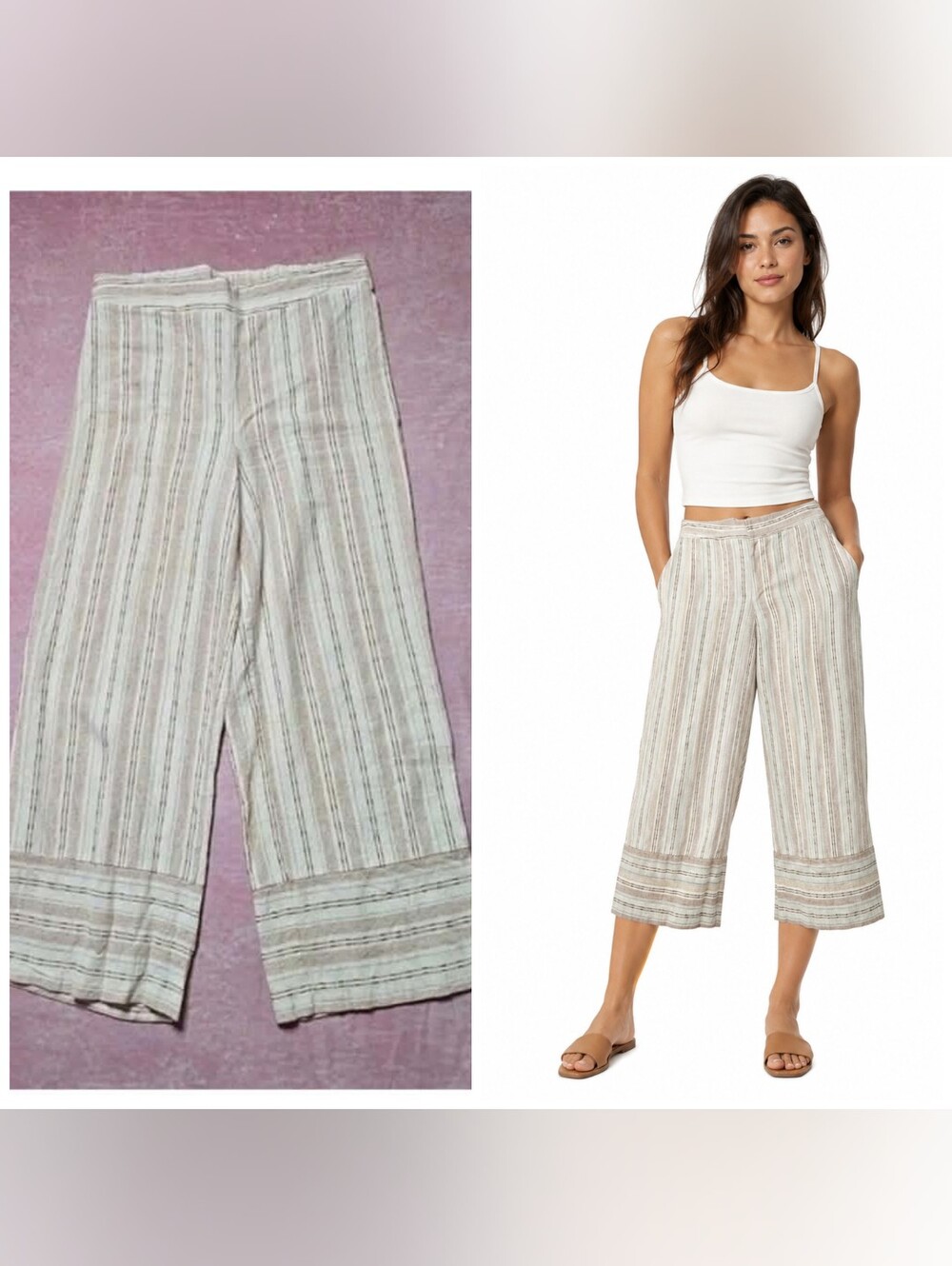 Nanette Lepore Beige Striped Pull-On Linen Blend Cropped Pants Size Medium 30x26